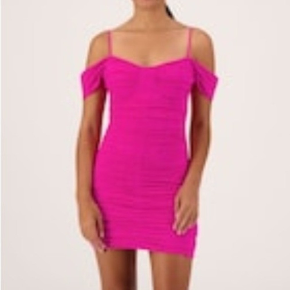 Emerald Sundae Hot Pink Glitter Ruched Off-Shoulder Bodycon Mini Dress Large NWT